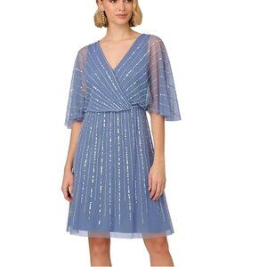 Adrianna Papell Blue Surplice-Neck Beaded Short Dress Size 4 Brand New with Tags